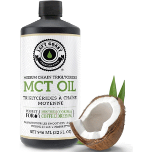 Left Coast Performance MCT Oil – 946 mL bottle of medium chain triglycerides, ideal for smoothies, coffee, cooking, and dressings, shown with a fresh coconut.