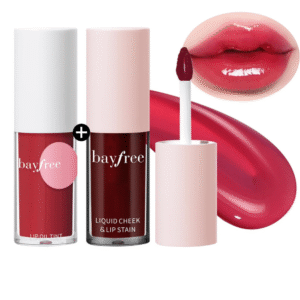Bayfree 2-in-1 makeup set featuring a red lip oil tint and a deep red liquid cheek and lip stain, shown with glossy lips and product swatches to highlight texture and color payoff.
